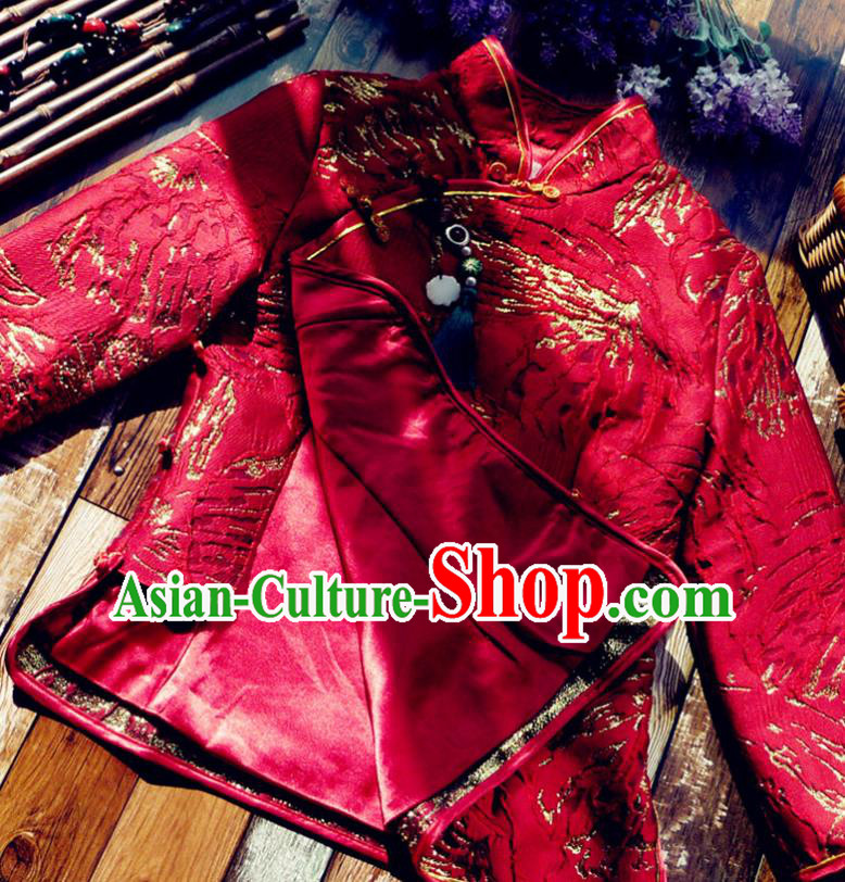 Chinese Traditional Winter Embroidered Red Jacket National Tang Suit Overcoat Costumes for Women