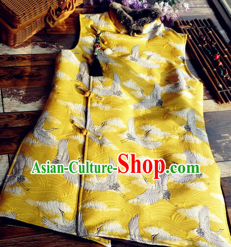 Chinese Traditional Embroidered Crane Yellow Waistcoat National Upper Outer Garment Tang Suit Vest Costume for Women