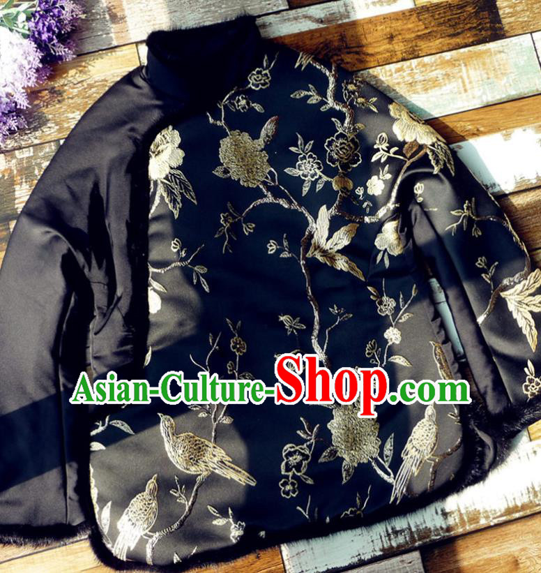 Chinese Traditional Winter Embroidered Black Cotton Padded Jacket National Tang Suit Overcoat Costumes for Women