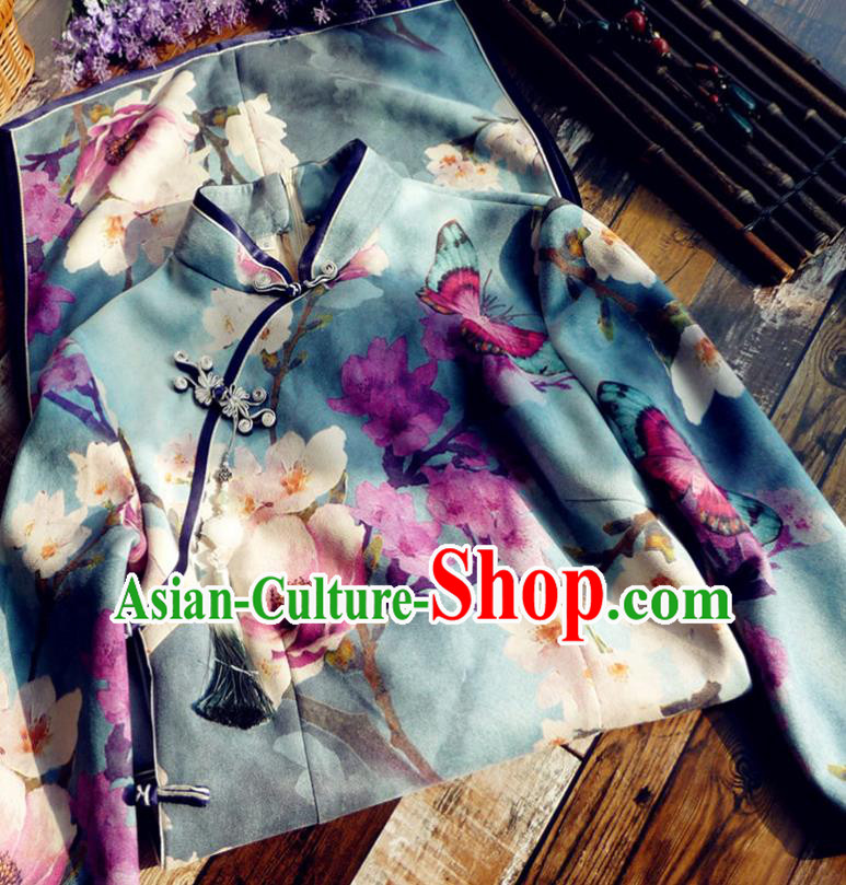 Chinese Traditional Printing Blue Qipao Dress National Tang Suit Cheongsam Costumes for Women