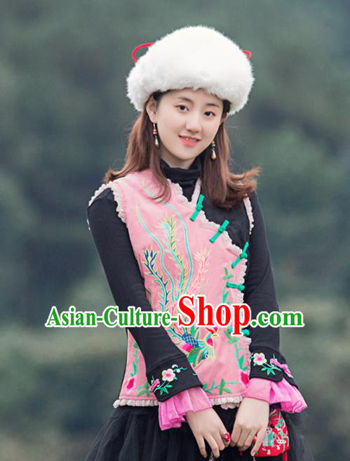 Chinese Traditional Embroidered Phoenix Pink Vest National Upper Outer Garment Tang Suit Costume for Women