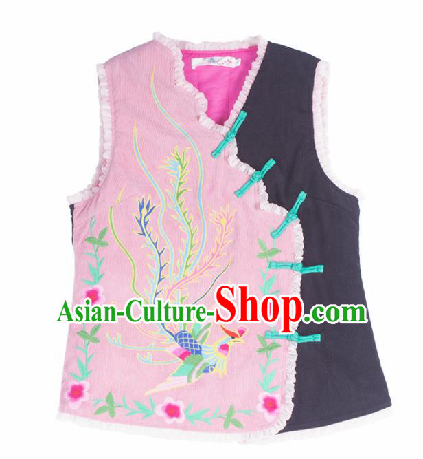 Chinese Traditional Embroidered Phoenix Pink Vest National Upper Outer Garment Tang Suit Costume for Women
