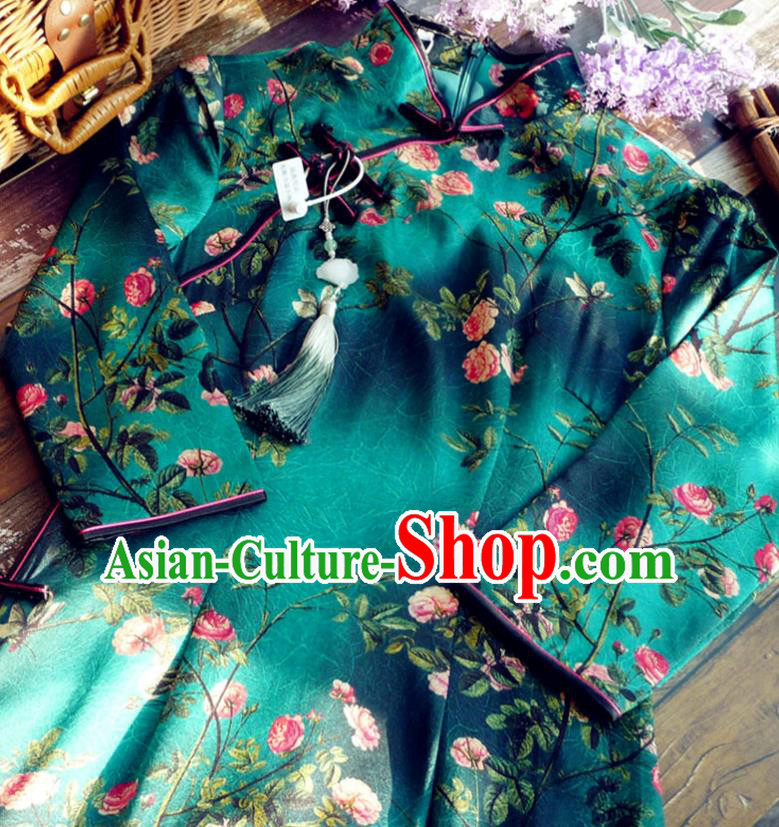 Chinese Traditional Printing Peony Deep Green Qipao Dress National Tang Suit Cheongsam Costumes for Women