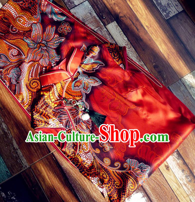 Chinese Traditional Printing Red Silk Qipao Dress National Tang Suit Cheongsam Costumes for Women