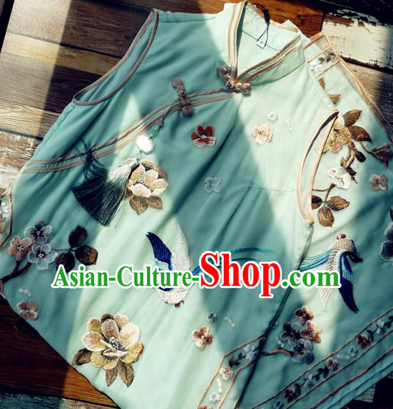 Chinese Traditional Embroidered Green Silk Qipao Dress National Tang Suit Cheongsam Costumes for Women