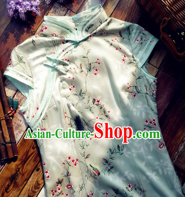 Chinese Traditional Printing Light Green Silk Qipao Dress National Tang Suit Cheongsam Costumes for Women
