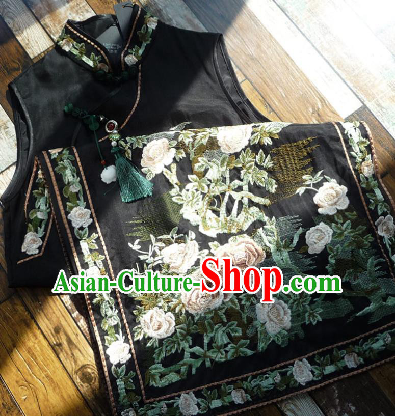 Chinese Traditional Embroidered Black Silk Qipao Dress National Tang Suit Cheongsam Costumes for Women