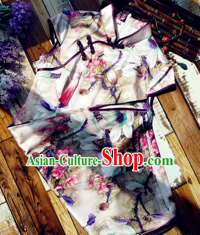 Chinese Traditional Printing Magnolia Silk Qipao Dress National Tang Suit Cheongsam Costumes for Women