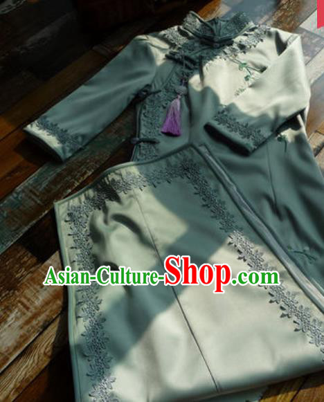 Chinese Traditional Embroidered Plum Green Silk Qipao Dress National Tang Suit Cheongsam Costumes for Women