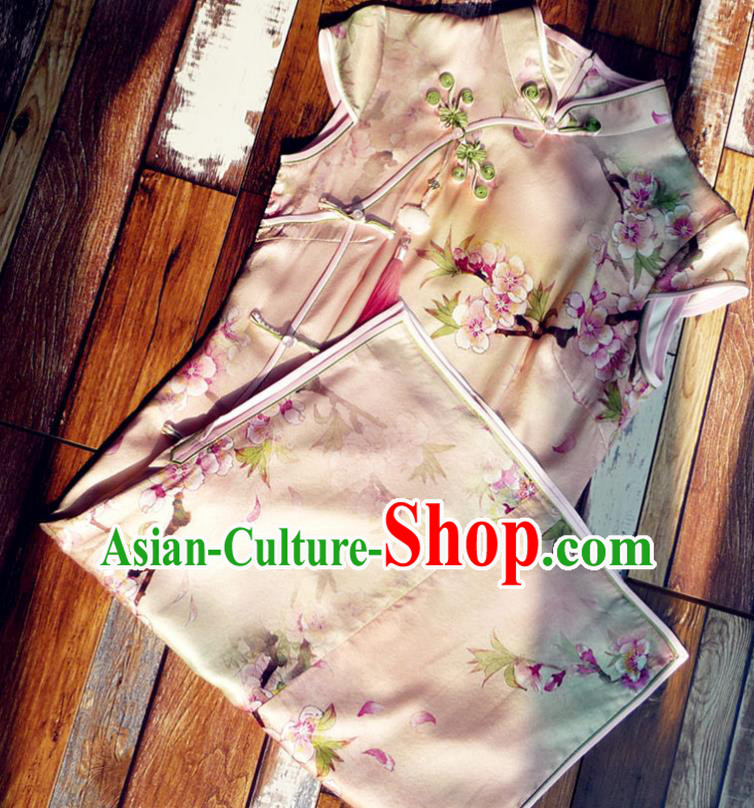 Chinese Traditional Printing Peach Blossom Pink Silk Qipao Dress National Tang Suit Cheongsam Costumes for Women