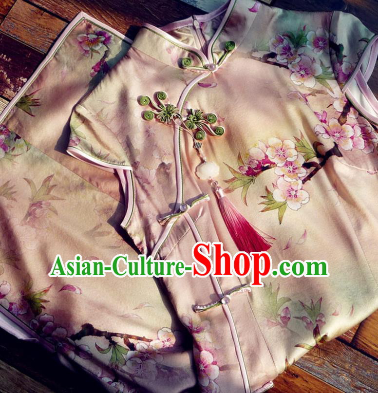 Chinese Traditional Printing Peach Blossom Pink Silk Qipao Dress National Tang Suit Cheongsam Costumes for Women