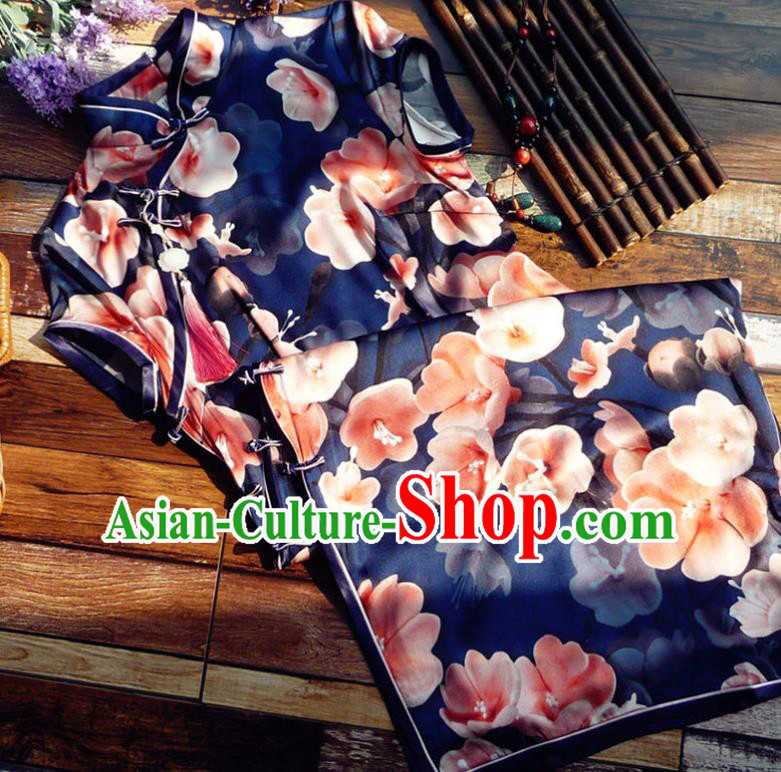 Chinese Traditional Printing Navy Silk Qipao Dress National Tang Suit Cheongsam Costumes for Women