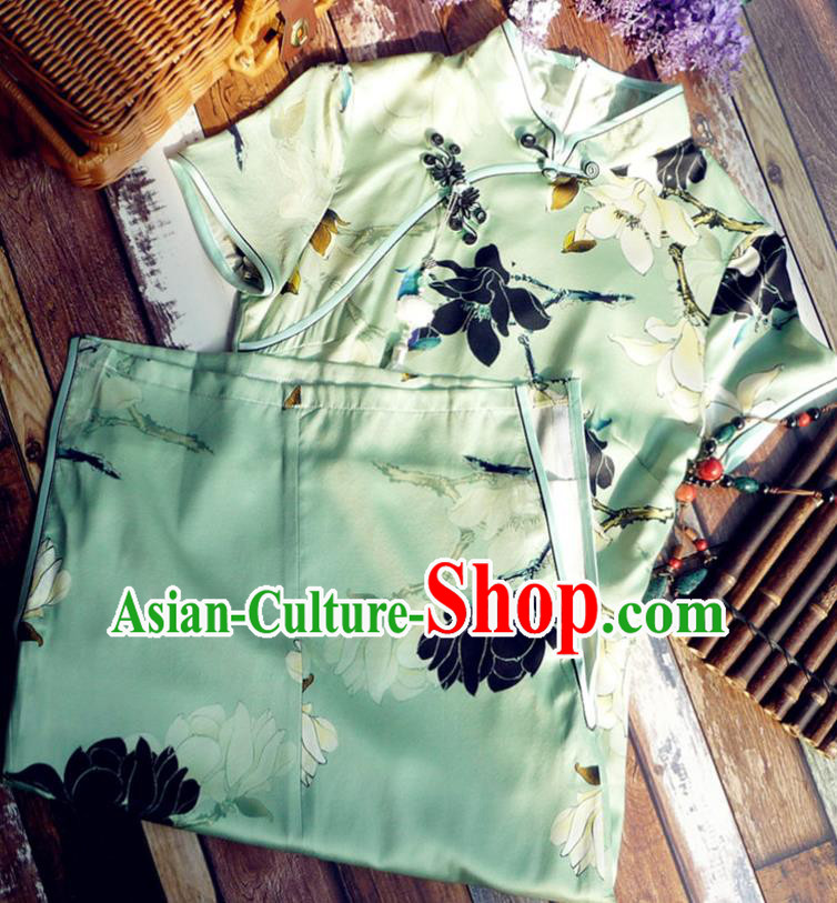 Chinese Traditional Printing Magnolia Green Silk Qipao Dress National Tang Suit Cheongsam Costumes for Women