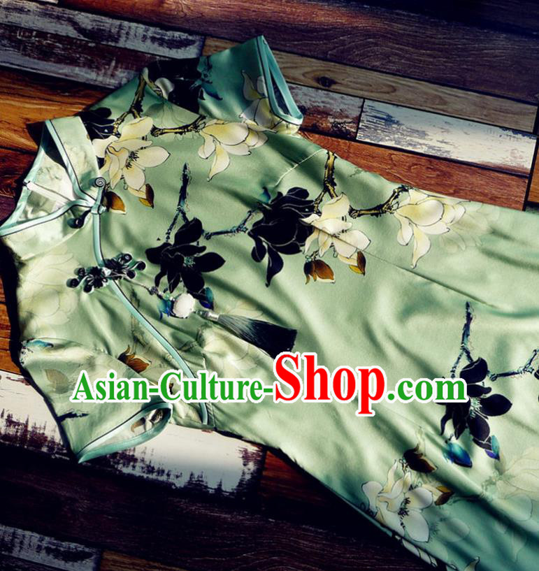 Chinese Traditional Printing Magnolia Green Silk Qipao Dress National Tang Suit Cheongsam Costumes for Women