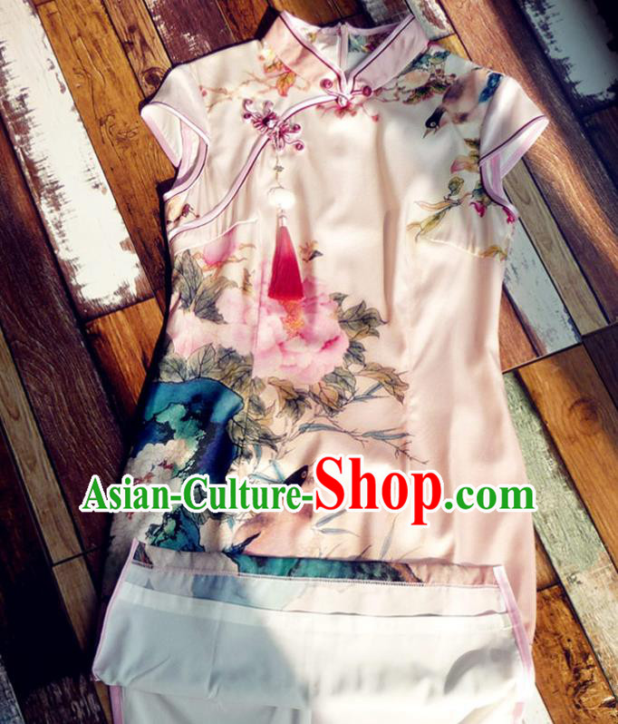 Chinese Traditional Printing Peony Pink Silk Qipao Dress National Tang Suit Cheongsam Costumes for Women
