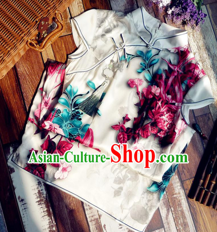 Chinese Traditional Printing Lily Flowers Silk Qipao Dress National Tang Suit Cheongsam Costumes for Women