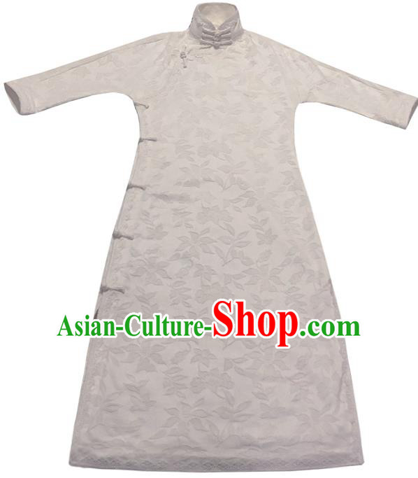 Chinese Traditional Jacquard White Silk Qipao Dress National Tang Suit Cheongsam Costumes for Women