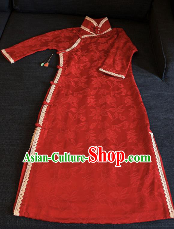 Chinese Traditional Jacquard Red Silk Qipao Dress National Tang Suit Cheongsam Costumes for Women