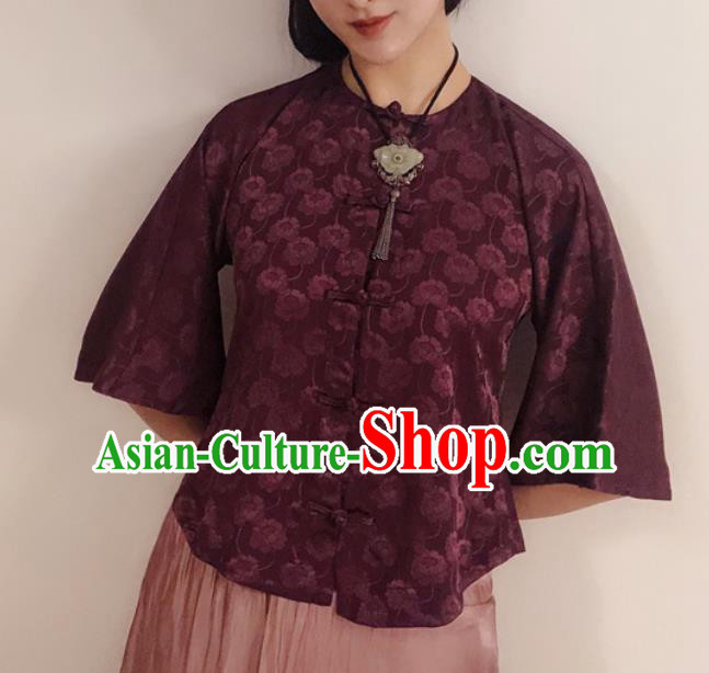 Chinese Traditional Jacquard Purple Shirt National Upper Outer Garment Tang Suit Blouse Costume for Women