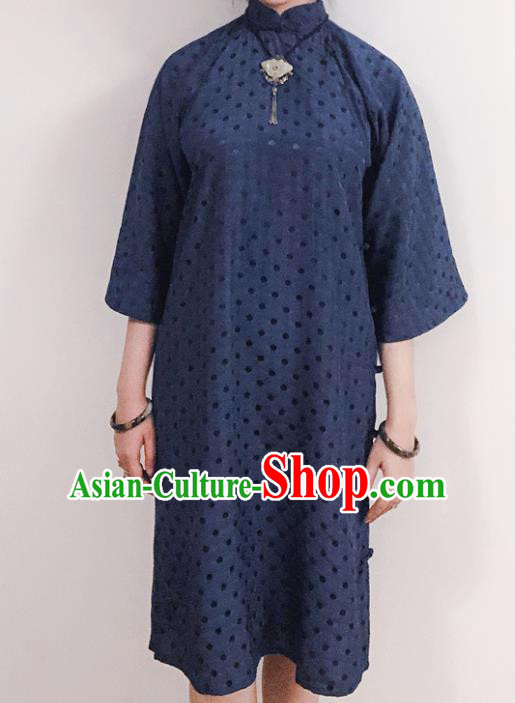 Chinese Traditional Navy Qipao Dress National Tang Suit Cheongsam Costumes for Women