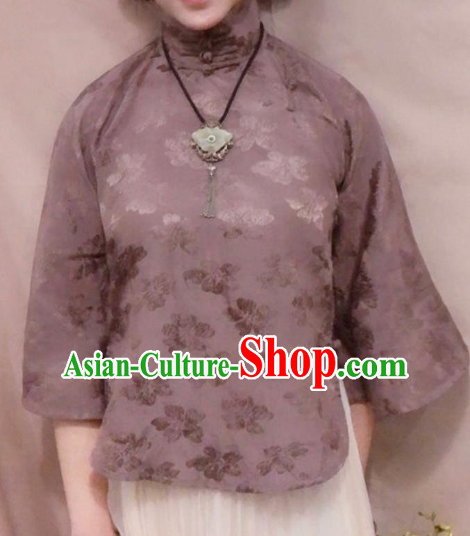 Chinese Traditional Tang Suit Deep Purple Stand Collar Shirt National Upper Outer Garment Blouse Costume for Women
