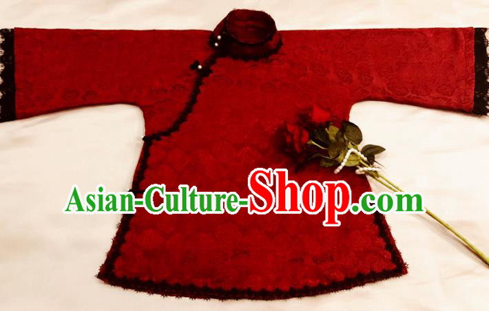 Chinese Traditional Tang Suit Jacquard Roses Red Shirt National Upper Outer Garment Blouse Costume for Women