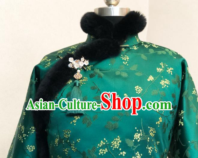 Chinese Traditional Winter Green Cotton Padded Jacket National Tang Suit Overcoat Costumes for Women