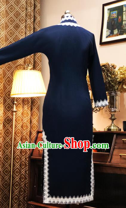 Chinese Traditional Navy Woolen Qipao Dress National Tang Suit Cheongsam Costumes for Women