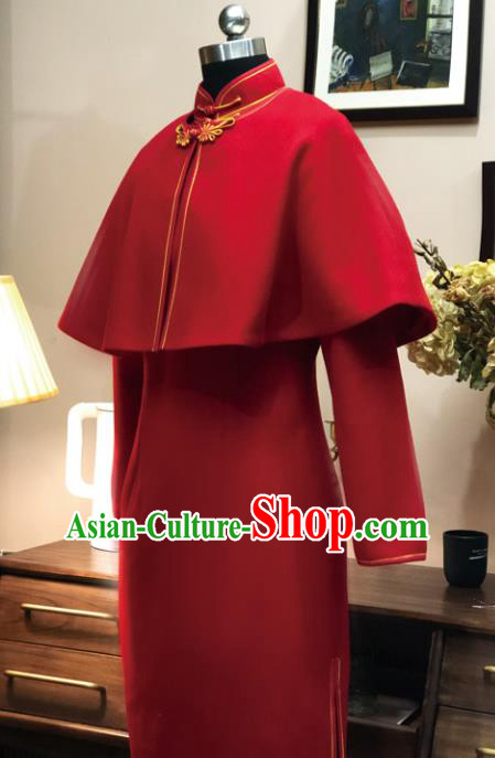 Chinese Traditional Red Woolen Qipao Dress National Tang Suit Cheongsam Costumes for Women
