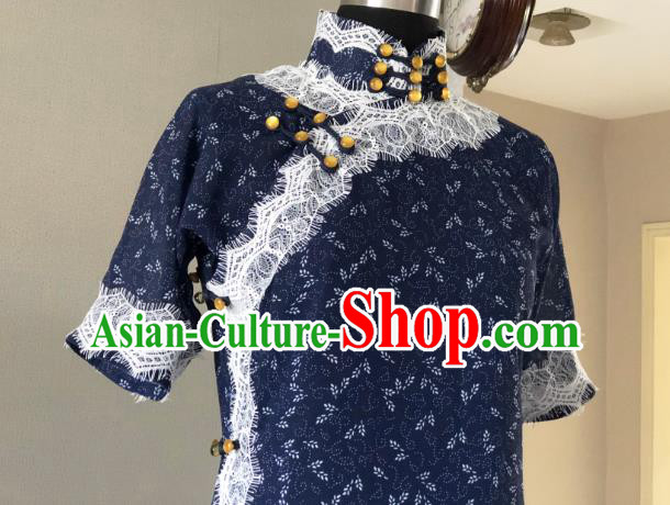 Chinese Traditional Navy Qipao Dress National Tang Suit Cheongsam Costumes for Women