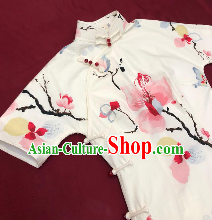 Chinese Traditional Printing White Qipao Dress National Tang Suit Cheongsam Costumes for Women