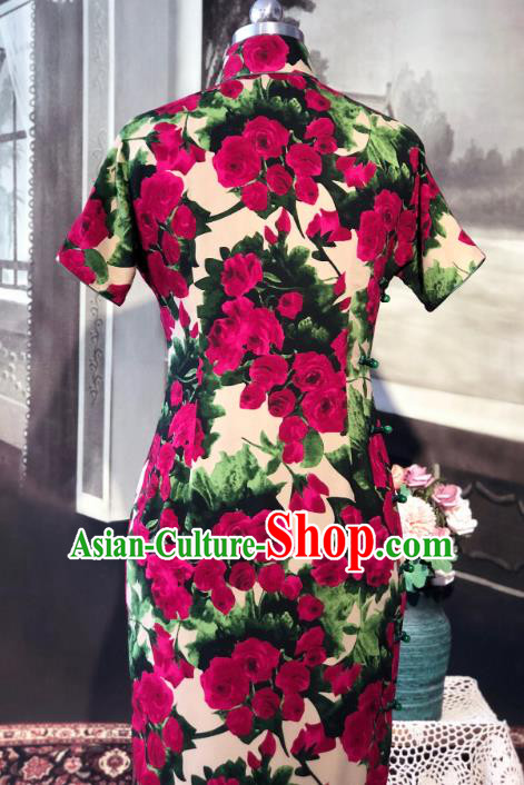 Chinese Traditional Printing Roses Qipao Dress National Tang Suit Cheongsam Costumes for Women