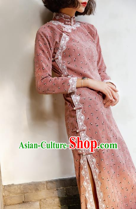 Chinese Traditional Pink Corduroy Qipao Dress National Tang Suit Cheongsam Costumes for Women