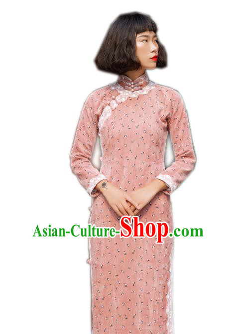 Chinese Traditional Pink Corduroy Qipao Dress National Tang Suit Cheongsam Costumes for Women