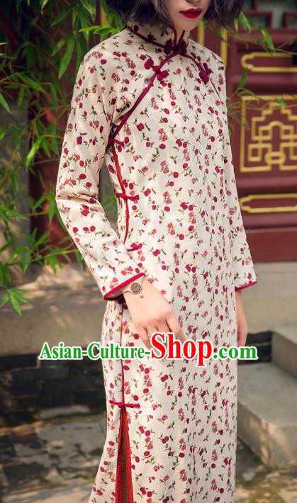 Chinese Traditional White Corduroy Qipao Dress National Tang Suit Cheongsam Costumes for Women
