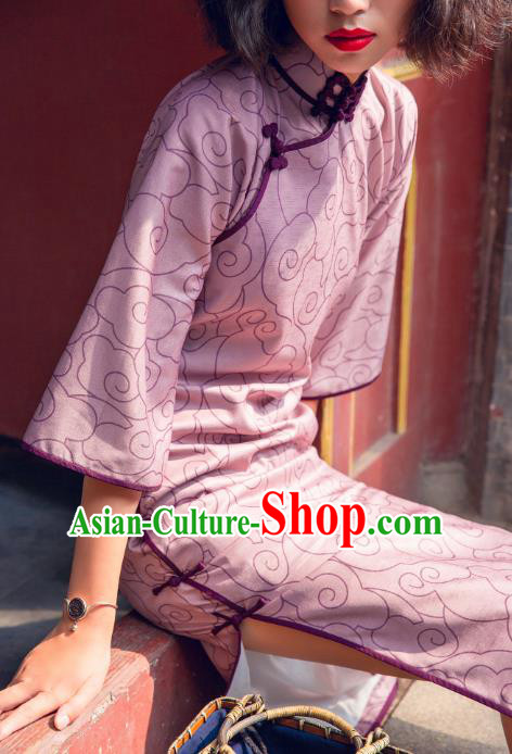 Chinese Traditional Lilac Flax Qipao Dress National Tang Suit Cheongsam Costumes for Women