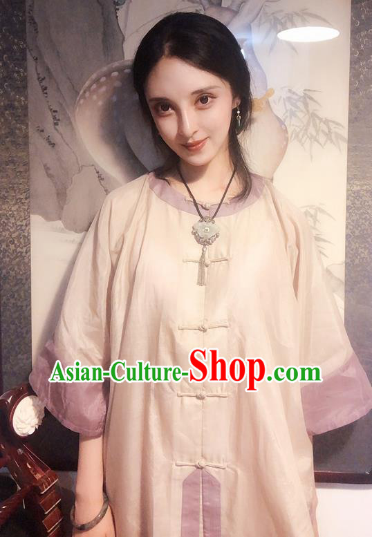Chinese Traditional Beige Mandarin Shirt National Tang Suit Upper Outer Garment Blouse Costume for Women