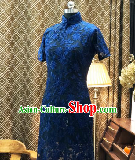 Chinese Traditional Embroidered Blue Lace Qipao Dress National Tang Suit Cheongsam Costumes for Women