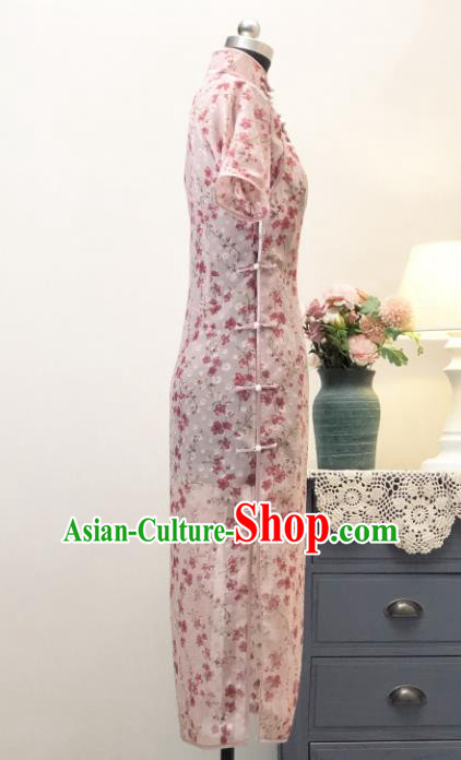 Chinese Traditional Pink Chiffon Qipao Dress National Tang Suit Cheongsam Costumes for Women