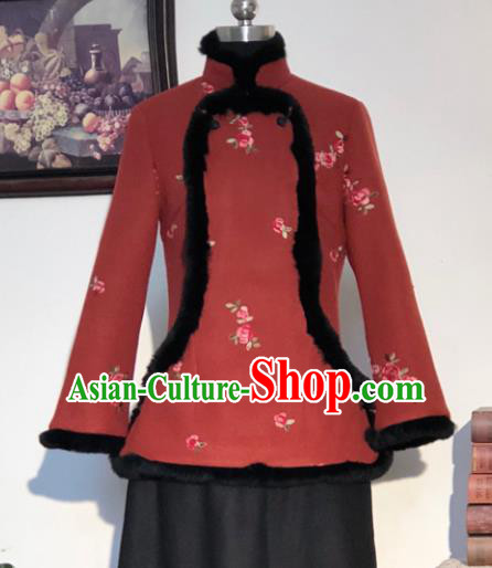 Chinese Traditional Winter Rust Red Woolen Coat National Tang Suit Overcoat Costumes for Women