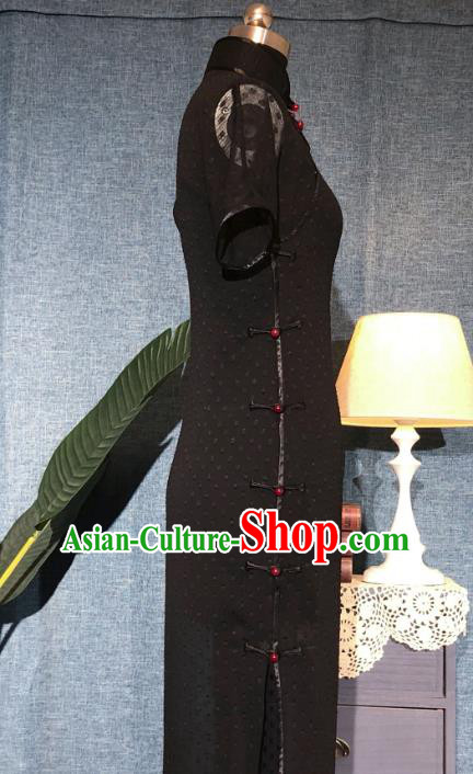 Chinese Traditional Black Chiffon Qipao Dress National Tang Suit Cheongsam Costumes for Women