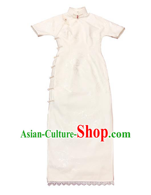 Chinese Traditional White Qipao Dress National Tang Suit Cheongsam Costumes for Women