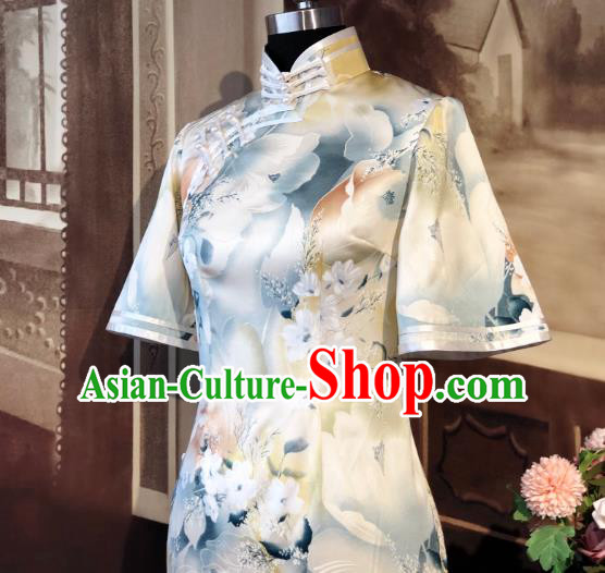 Chinese Traditional Printing Flowers Silk Qipao Dress National Tang Suit Cheongsam Costumes for Women
