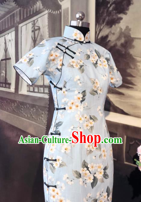 Chinese Traditional Printing Flowers Blue Qipao Dress National Tang Suit Cheongsam Costumes for Women