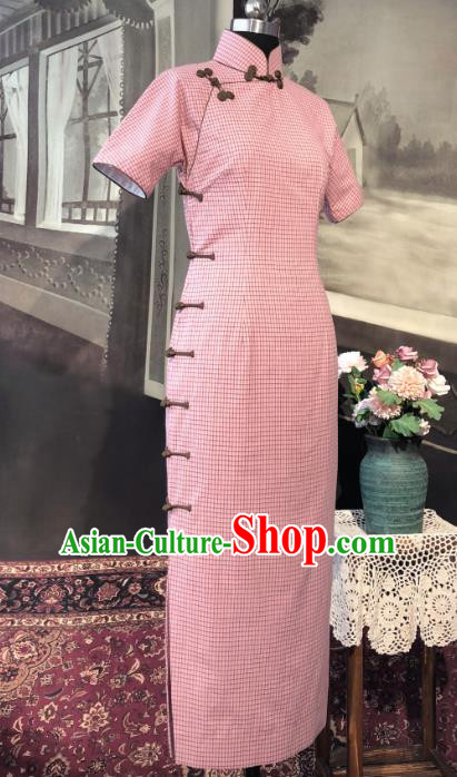 Chinese Traditional Pink Flax Qipao Dress National Tang Suit Cheongsam Costumes for Women