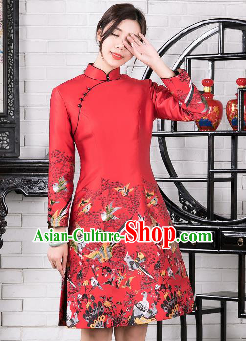 Chinese Traditional Winter Printing Red Qipao Dress National Tang Suit Cheongsam Costumes for Women