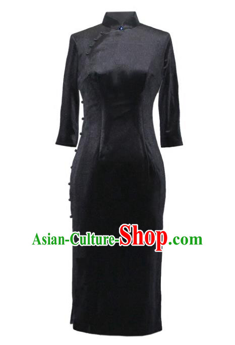 Chinese Traditional Black Velvet Qipao Dress National Tang Suit Cheongsam Costumes for Women