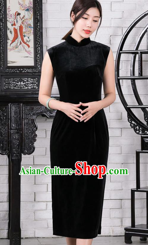 Chinese Traditional Black Velvet Sleeveless Qipao Dress National Tang Suit Cheongsam Costumes for Women