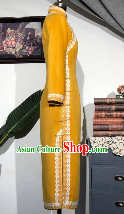 Chinese Traditional Yellow Woolen Qipao Dress National Tang Suit Cheongsam Costumes for Women