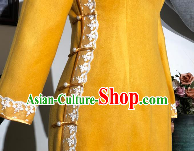 Chinese Traditional Yellow Woolen Qipao Dress National Tang Suit Cheongsam Costumes for Women